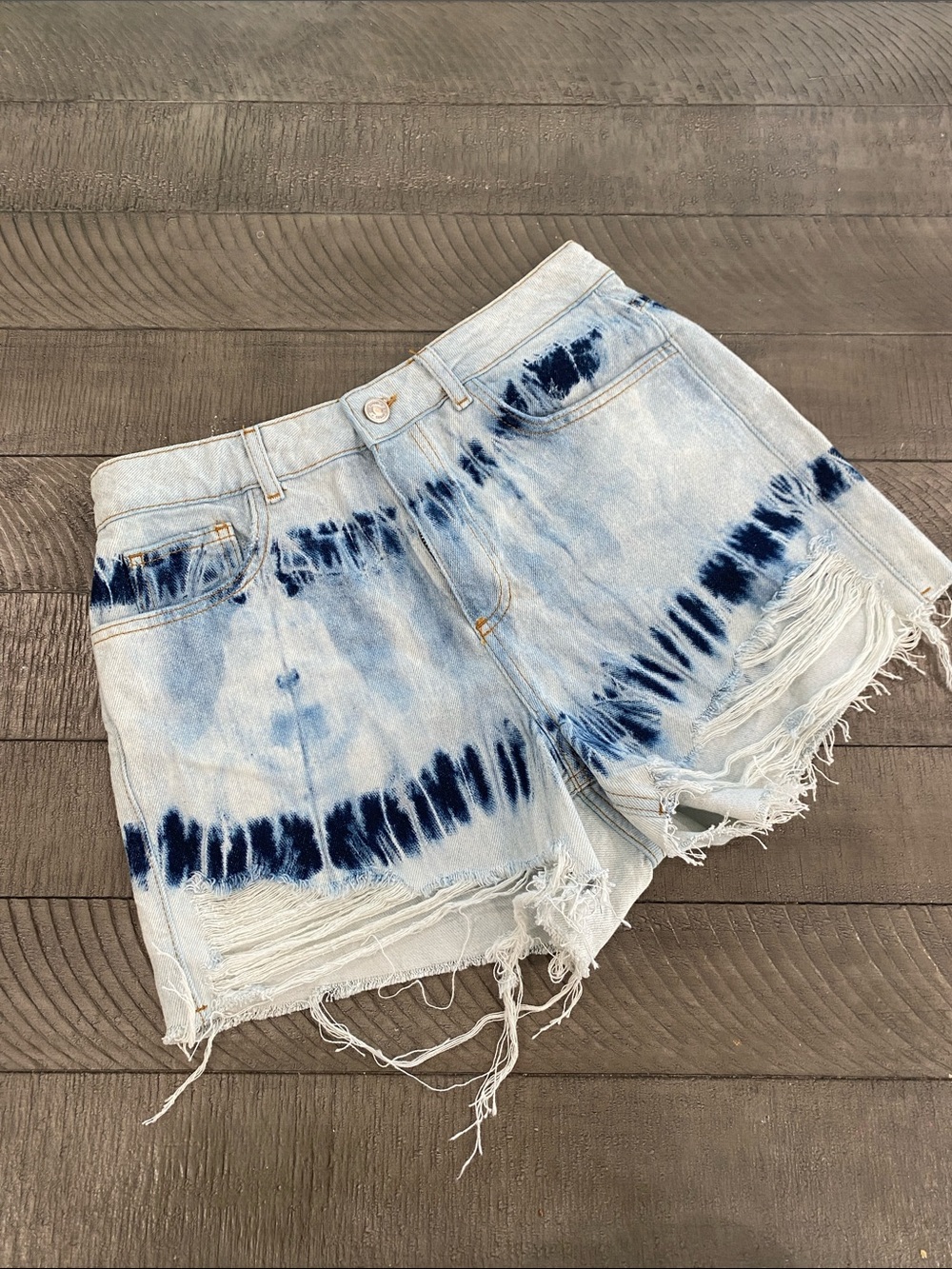 Zara Light Blue Denim Tie-Dye Shorts with Dark Blue Bands